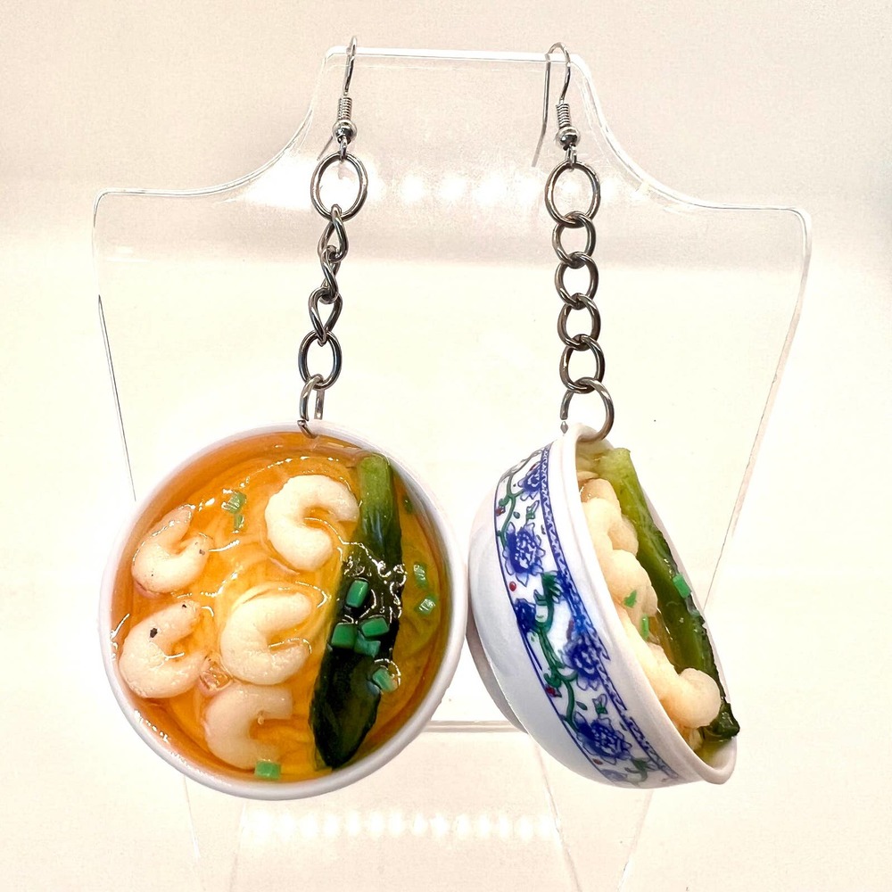 Shrimp Ramen Bowl Earrings - Soup Accessories - Japanese Earrings - Trending